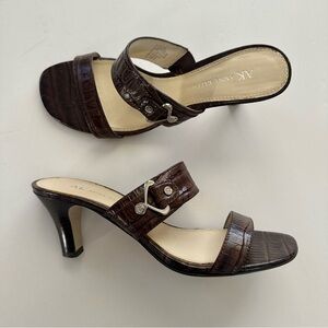 Brown leather croc embossed buckle slide mules